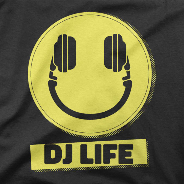 Črna bombažna majica DJ Life z rumenim smeškom in slušalkami