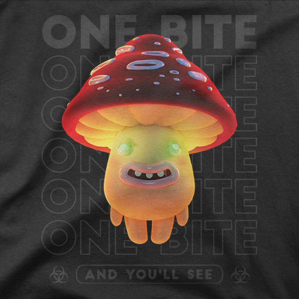Majica s 3D ilustracijo rdeče mušnice s obrazom in napisom One bite and you'll see.