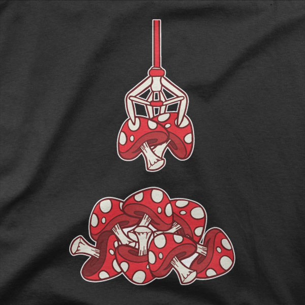 Črna majica z ilustracijo mehanske roke, ki dviguje rdečo gobo mušnico - Pick your poison