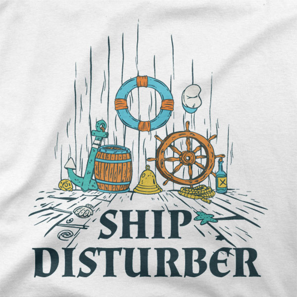 Majica z navtičnimi motivi sidra in krmila ter napisom Ship disturber