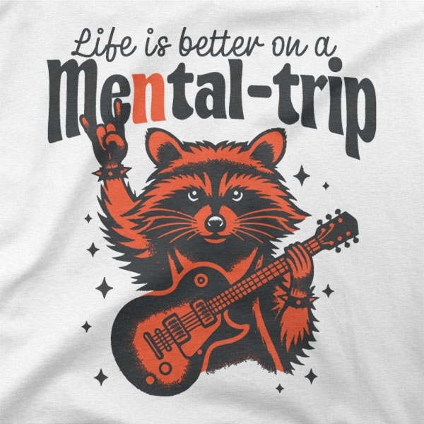 Majica z ilustracijo rakuna ki igra električno kitaro in napisom Life is better on a Metal trip.
