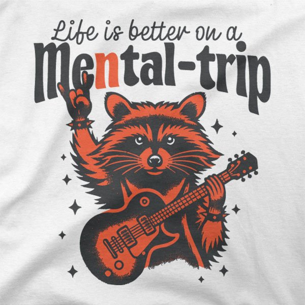 Majica z ilustracijo rakuna ki igra električno kitaro in napisom Life is better on a Metal trip.